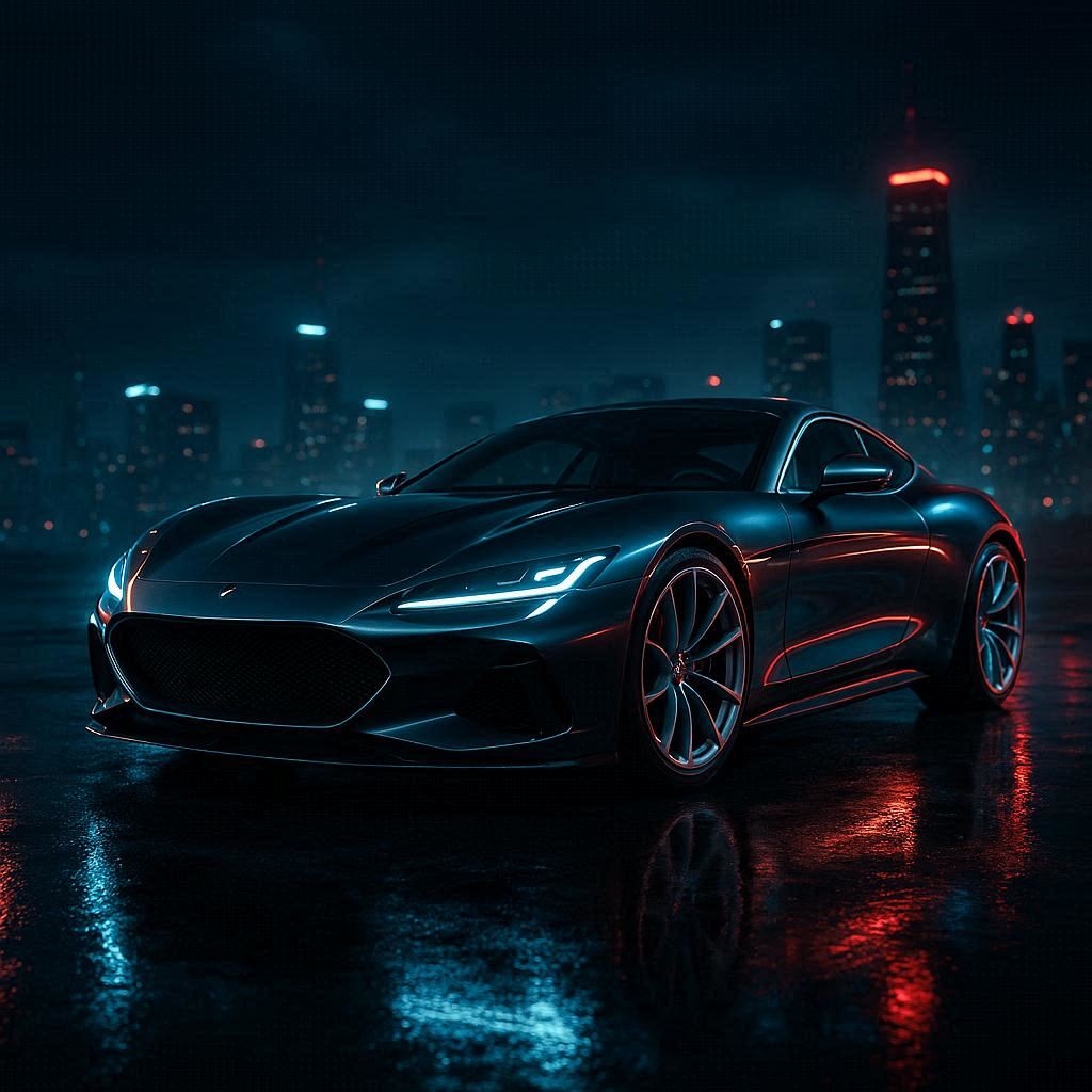 A hyper‑realistic dream car showcased in a dramatic nighttime setting. Sleek aerodynamic body, glossy metallic finish, glowing LED accents, and sculpted curves. Cinematic rim lighting, neon reflections on wet pavement, and a moody futuristic city skyline in the background. Low‑angle hero shot emphasizing power and elegance. Subtle motion blur, crisp details, and a bold, high‑end luxury vibe.